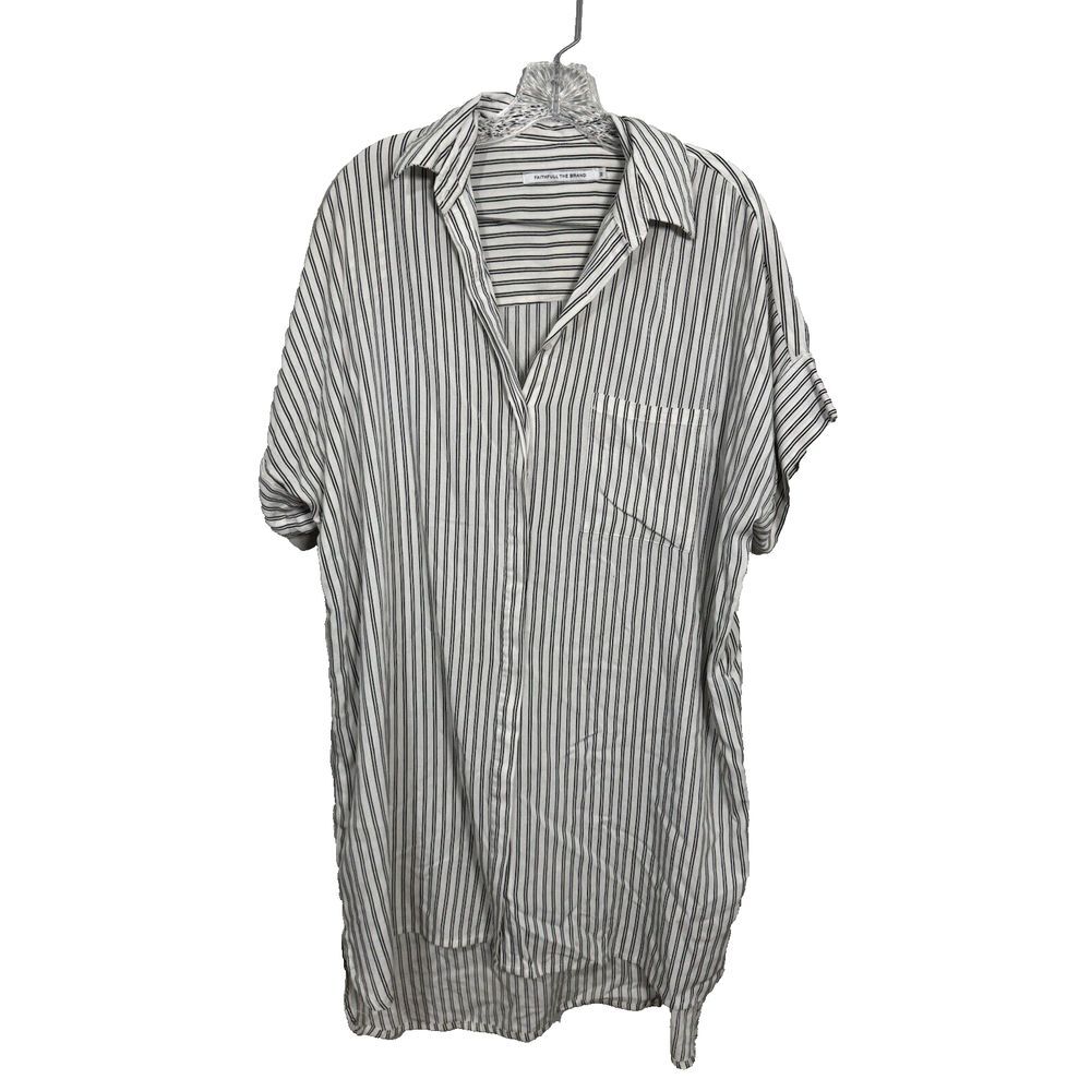 Faithfull The Brand Womens M White Black Striped Rayon Button Up Shirt Dress
